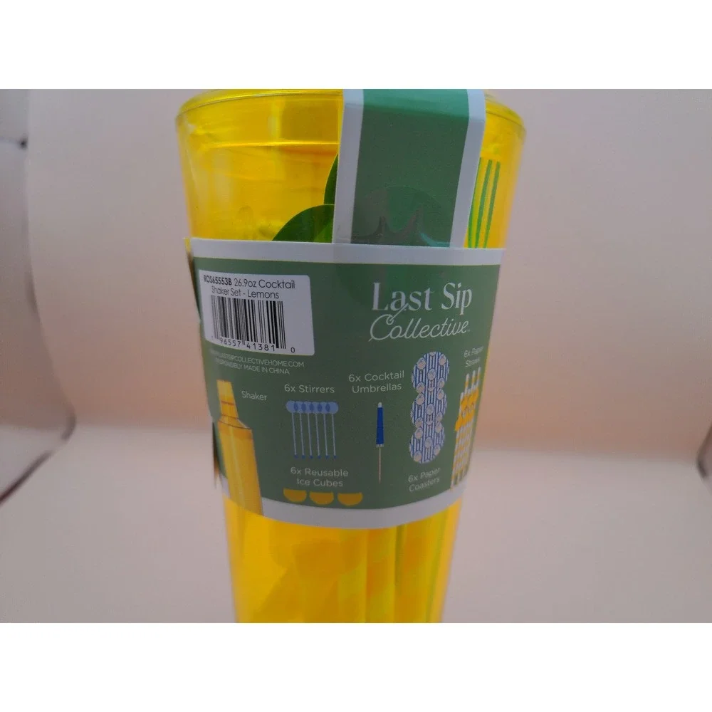 Last Sip Collective Yellow Lemon Cocktail Shaker Set 33 Pc Reusable Ice Cubes